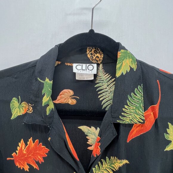 Clio Petites Vintage Shirt Sz PL Short Sleeve Button Up Fall Leaf Made USA Black - Picture 10 of 11